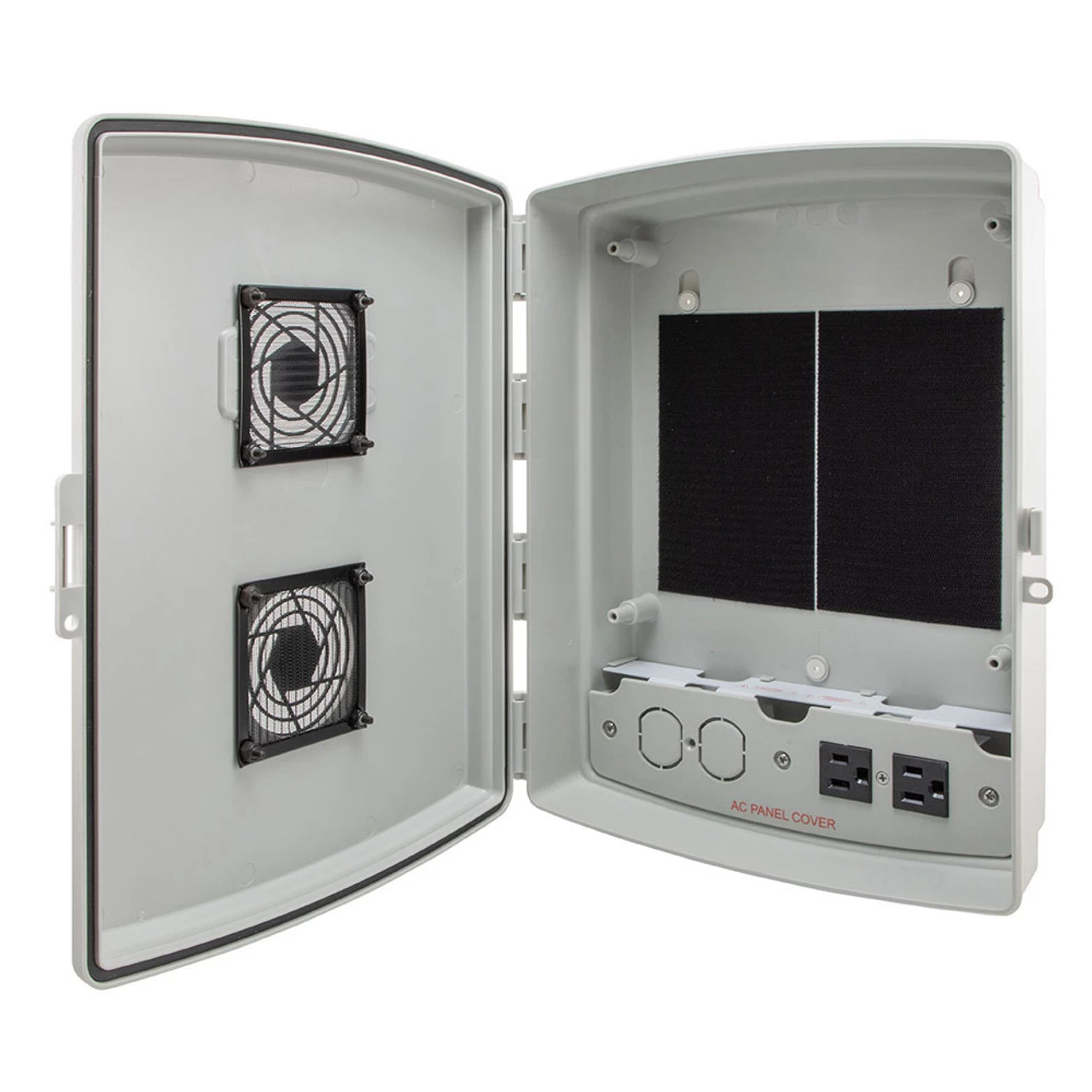 14x10x04 ABS Plastic Indoor IP54 NEMA 12 Enclosure, Hook & Loop Mounting, Vent Lid 120 VAC Outlets, Gray 3 14x10x04 ABS Plastic Indoor IP54 NEMA 12 Enclosure, Hook & Loop Mounting, Vent Lid 120 VAC Outlets, Gray