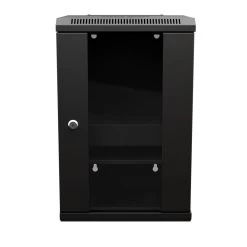 9U 10 Inch Network Server Cabinet, 11.8 Inch Deep, Glass Door, Black, Wall Mountable, 2 X Shelves, 1 X Blank Panel