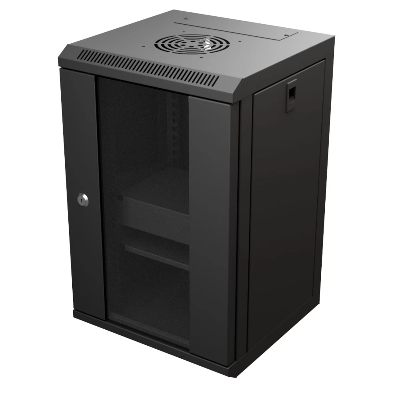 9U 10 Inch Network Server Cabinet, 11.8 Inch Deep, Glass Door, Black, Wall Mountable, 2 X Shelves, 1 X Blank Panel 4 9U 10 Inch Network Server Cabinet, 11.8 Inch Deep, Glass Door, Black, Wall Mountable, 2 X Shelves, 1 X Blank Panel - Image 2