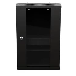 9U 10 Inch Network Server Cabinet, 15.75 Inch Deep, Glass Door, Black, Wall Mountable, 2 X Shelves, 1 X Blank Panel