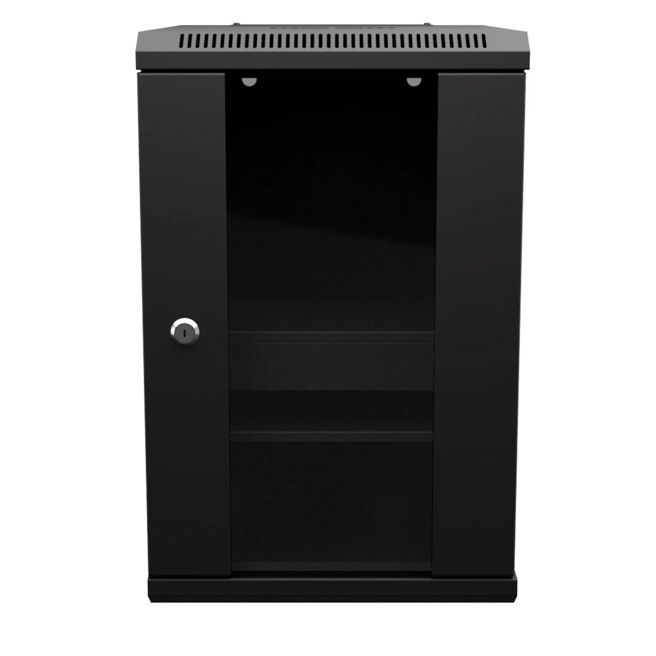 9U 10 Inch Network Server Cabinet, 15.75 Inch Deep, Glass Door, Black, Wall Mountable, 2 X Shelves, 1 X Blank Panel 3 9U 10 Inch Network Server Cabinet, 15.75 Inch Deep, Glass Door, Black, Wall Mountable, 2 X Shelves, 1 X Blank Panel