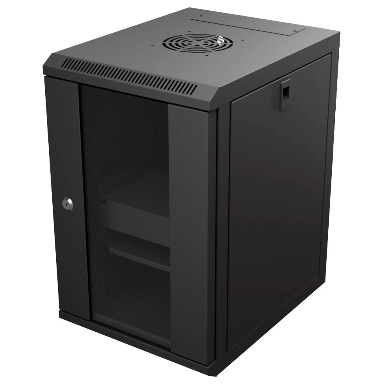 9U 10 Inch Network Server Cabinet, 15.75 Inch Deep, Glass Door, Black, Wall Mountable, 2 X Shelves, 1 X Blank Panel 4 9U 10 Inch Network Server Cabinet, 15.75 Inch Deep, Glass Door, Black, Wall Mountable, 2 X Shelves, 1 X Blank Panel - Image 2