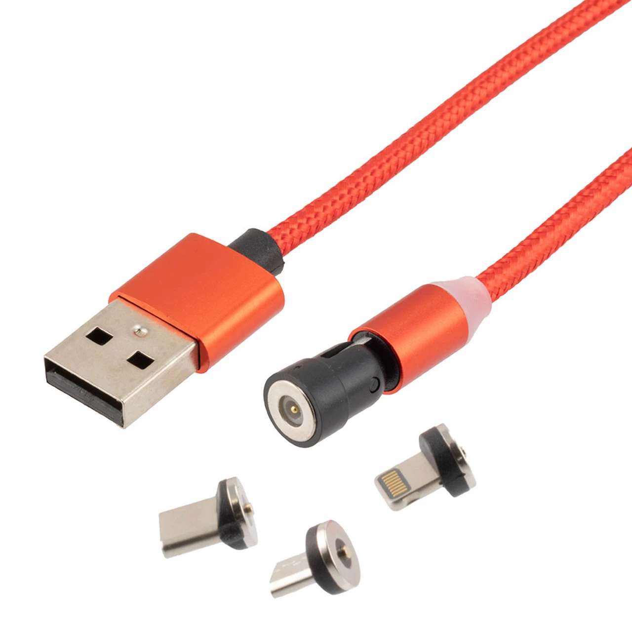 NavePoint USB 2.0 540-degree Rotating Head Smart Indicator Magnetic Cable, Red, USB A Male To Type C/Micro/Lightning Compatible Male, 1 Meter 3 NavePoint USB 2.0 540-degree Rotating Head Smart Indicator Magnetic Cable, Red, USB A Male To Type C/Micro/Lightning Compatible Male, 1 Meter