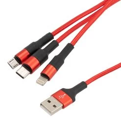 NavePoint USB 2.0 PVC Nylon Braided Cable, Red, USB A Male To Type C/Micro/Lightning Compatible, 1 Meter